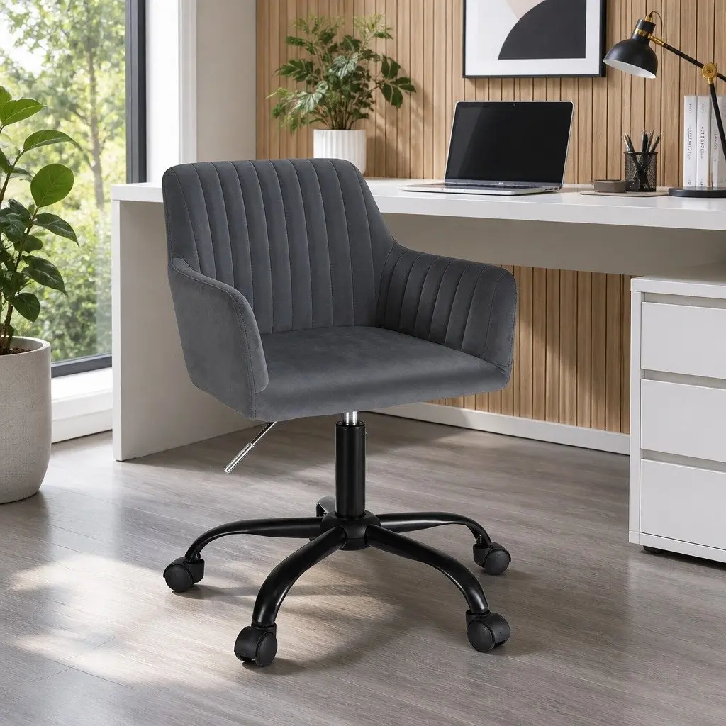 Office Chair Velvet Dark Grey Mid Back Swivel Adjustable Height