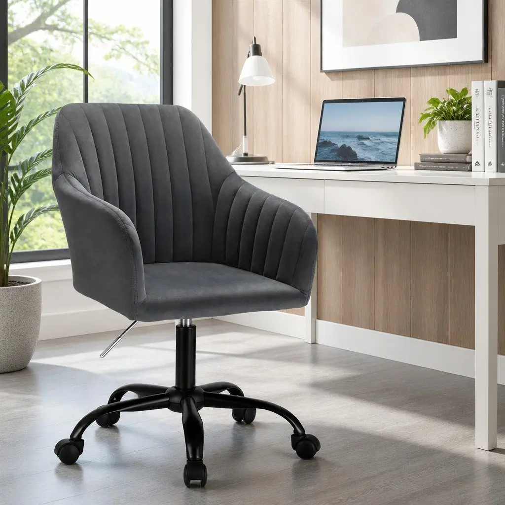 Office Chair Velvet Dark Grey Mid Back Swivel Adjustable Height