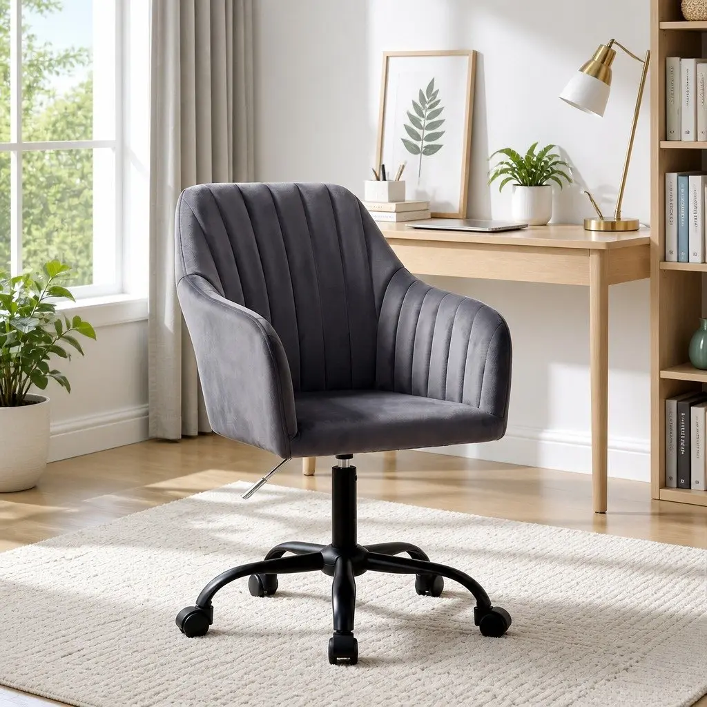 Office Chair Velvet Dark Grey Mid Back Swivel Adjustable Height