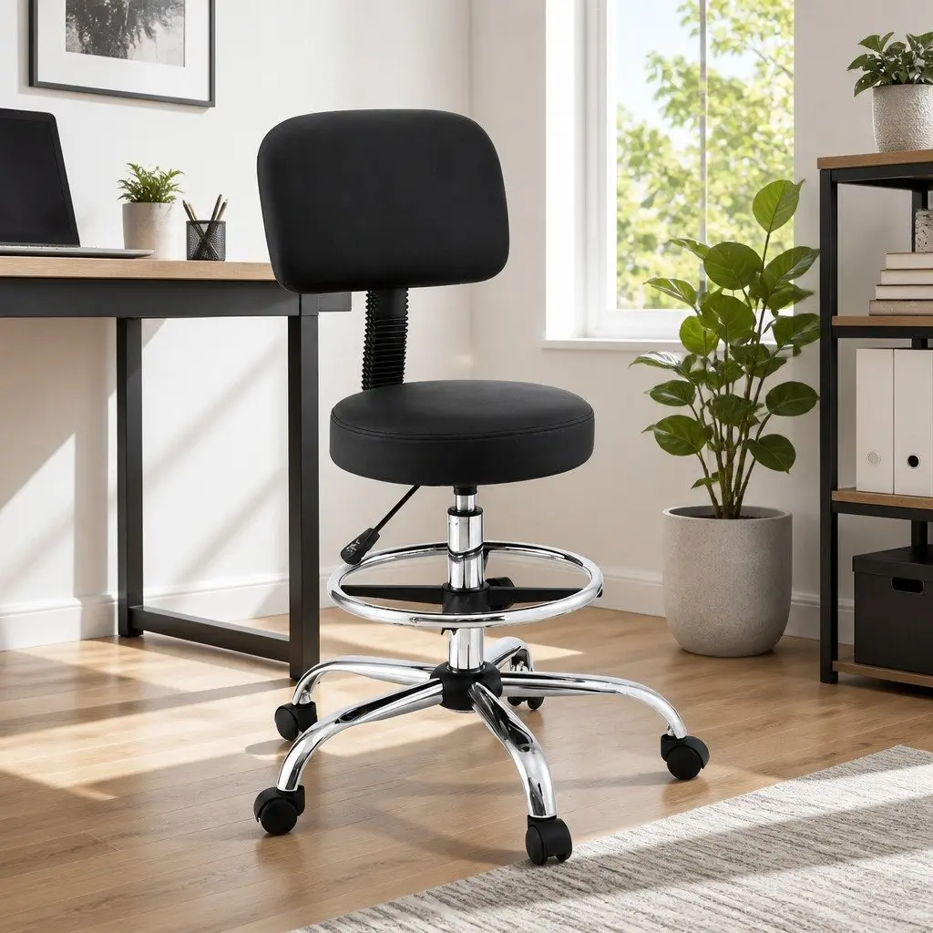 Ergonomic Black Office Drafting Chair with Chrome Base