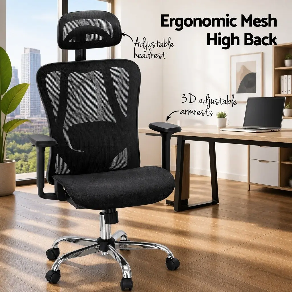 Ergonomic Office Chair Mesh High Back Black Adjustable Headrest Lumbar Support