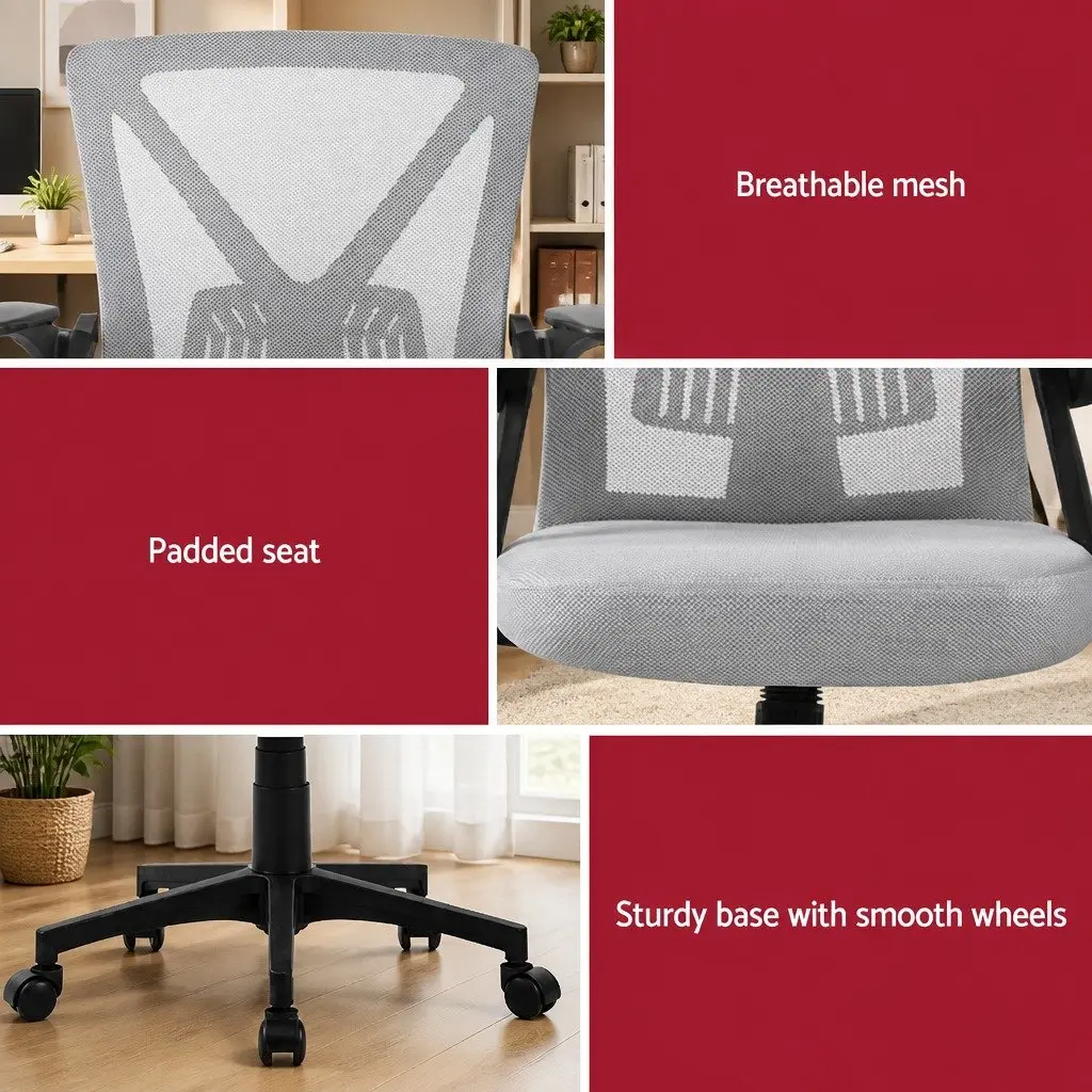 Mid Back Ergonomic Office Chair Grey Mesh Adjustable Height with Lumbar Support