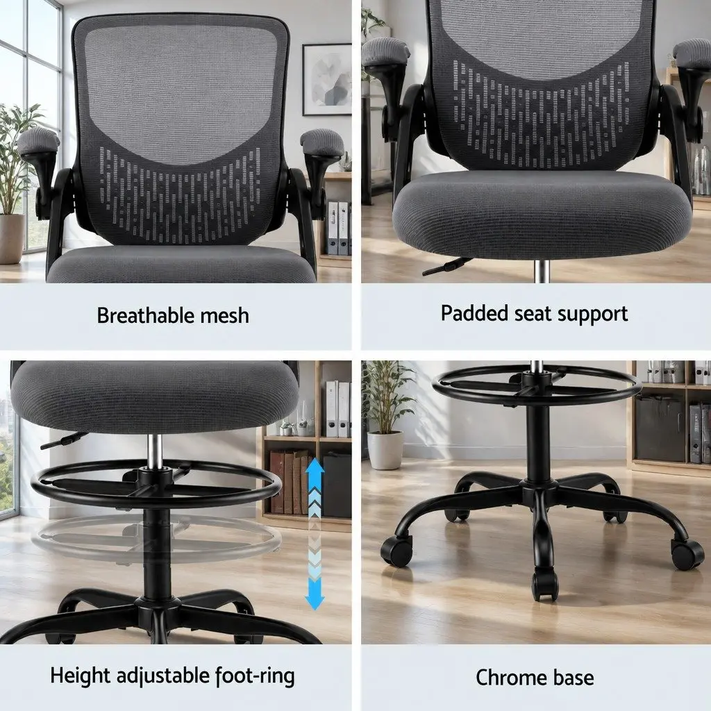 Office Drafting Chair Mesh Computer Desk Stool with Adjustable Height Footrest