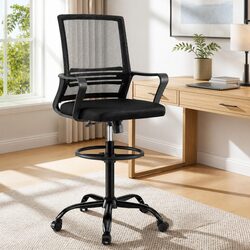 Durable Black Mesh Office Drafting Chair with Adjustable Height