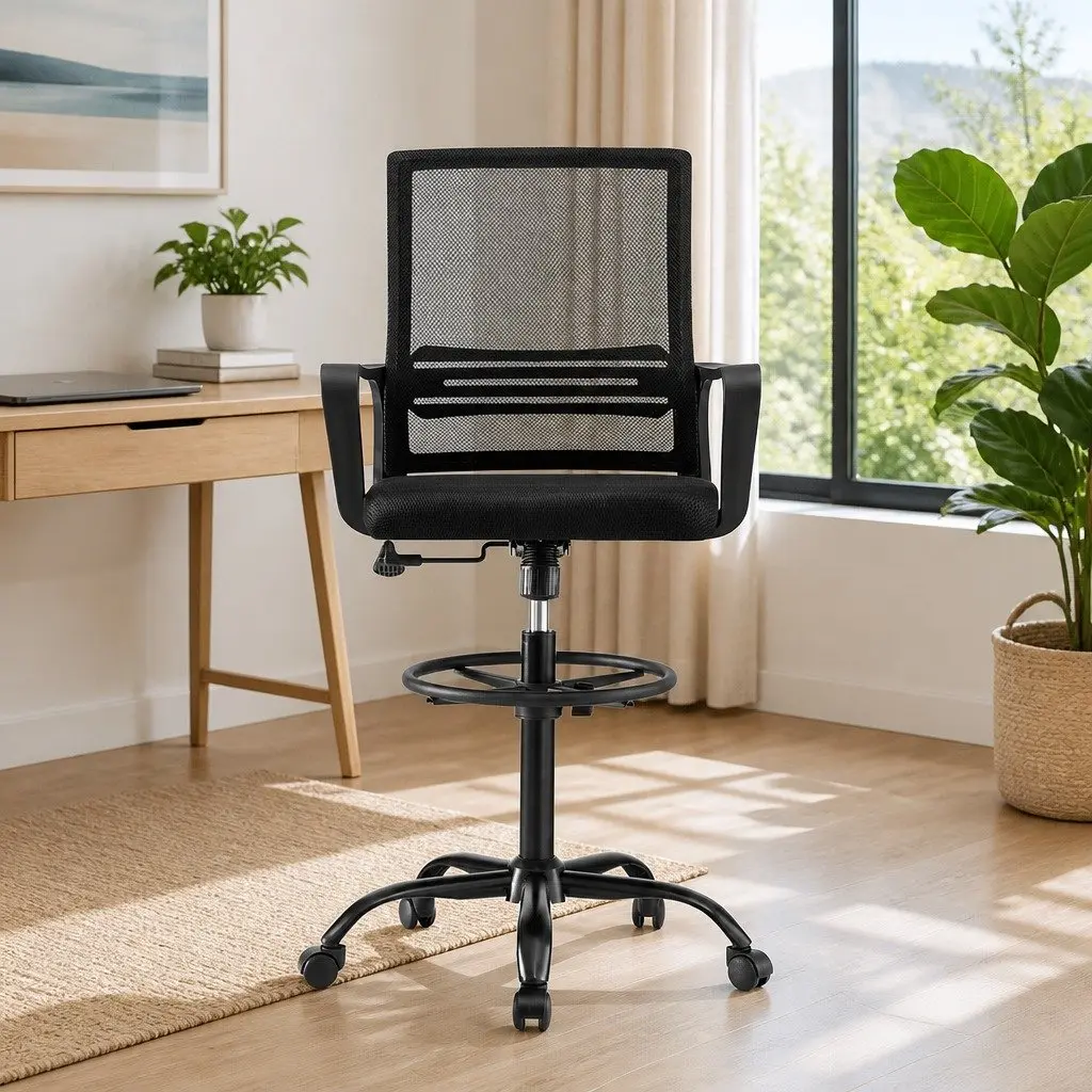 Black Mesh Office Drafting Chair with Adjustable Height