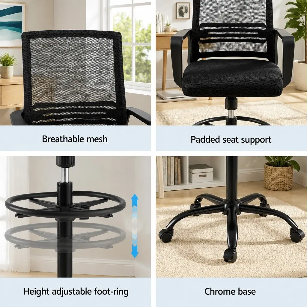 Black Mesh Office Drafting Chair with Adjustable Height