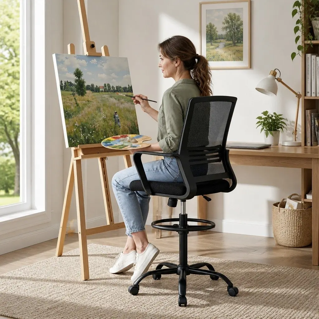 Black Mesh Office Drafting Chair with Adjustable Height
