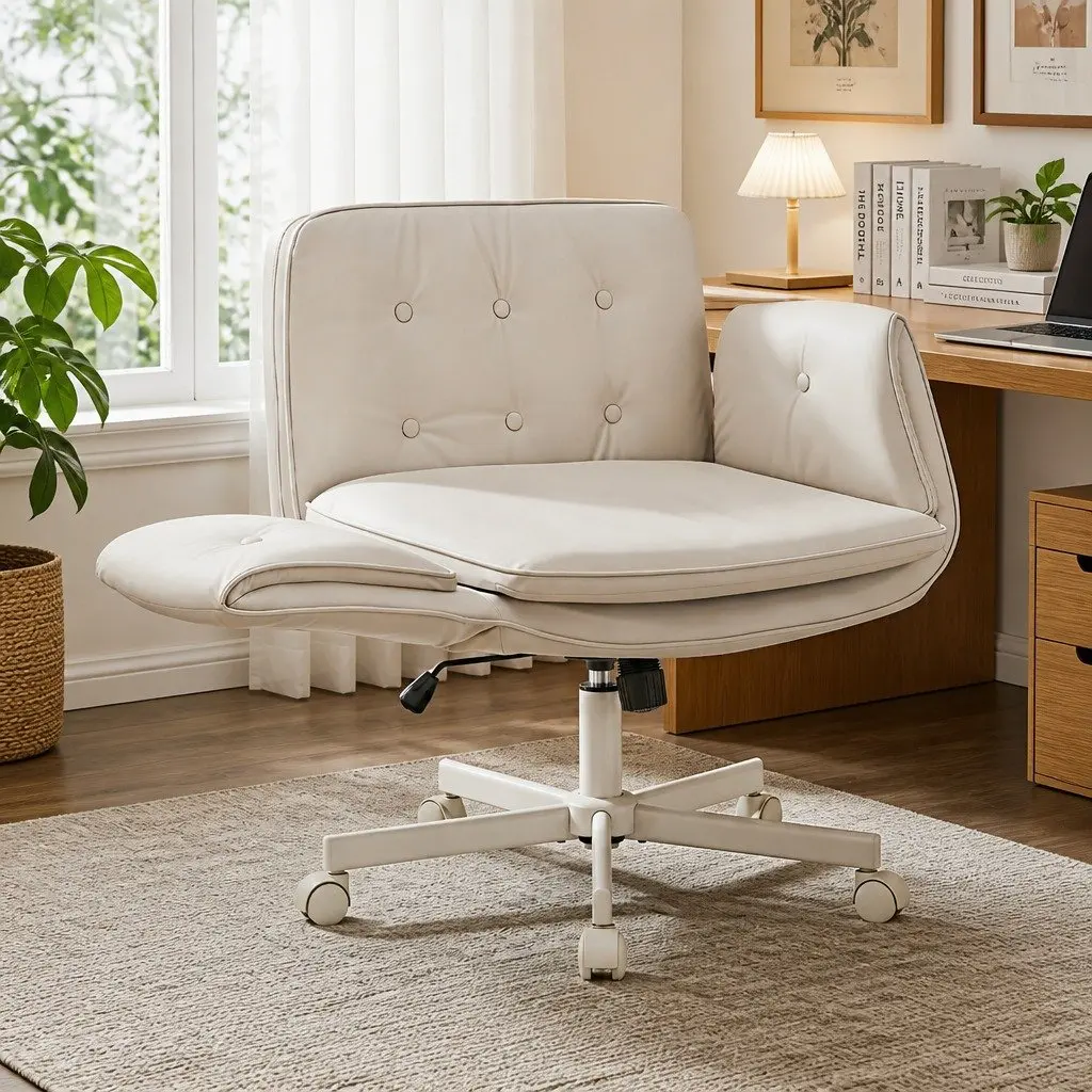 Office Chair PU Leather Beige Adjustable Armrests Swivel Desk Chair 72x72x80-90cm