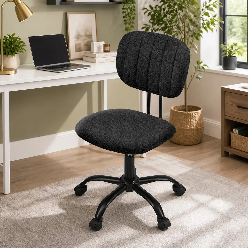Office Chair Fabric Black Height Adjustable Ergonomic Armless 360° Swivel