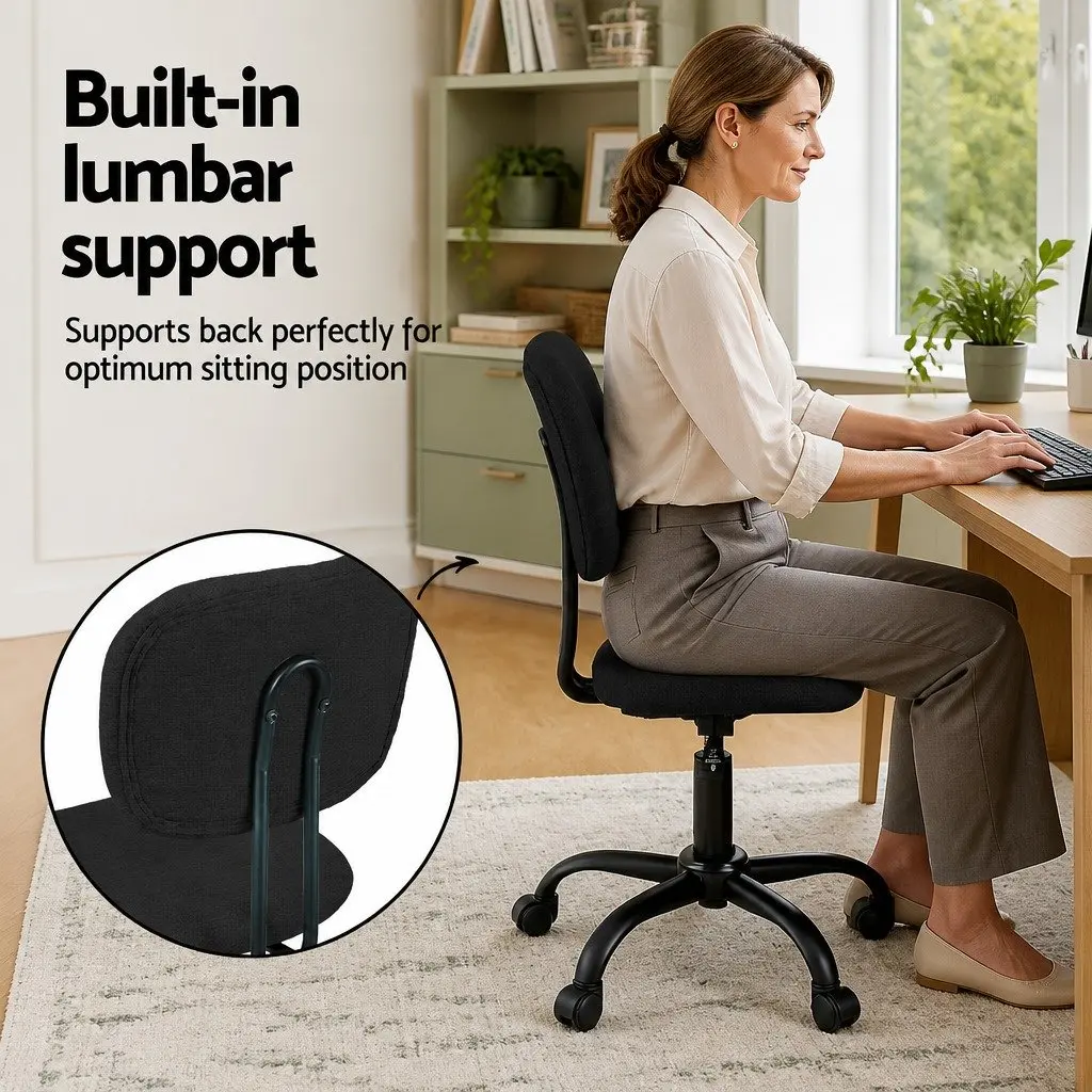 Office Chair Fabric Black Height Adjustable Ergonomic Armless 360° Swivel