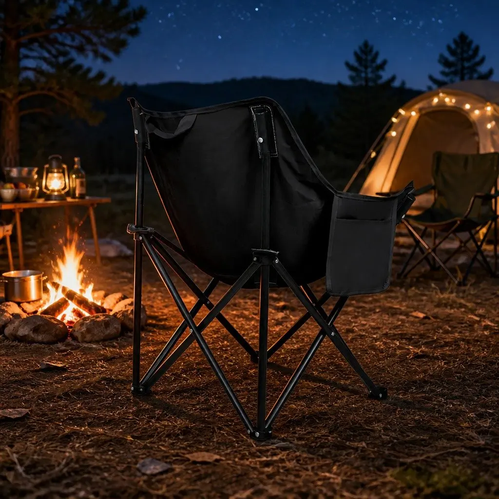 Folding Moon Chair 600D Oxford Fabric Black Portable Lightweight Outdoor Furniture