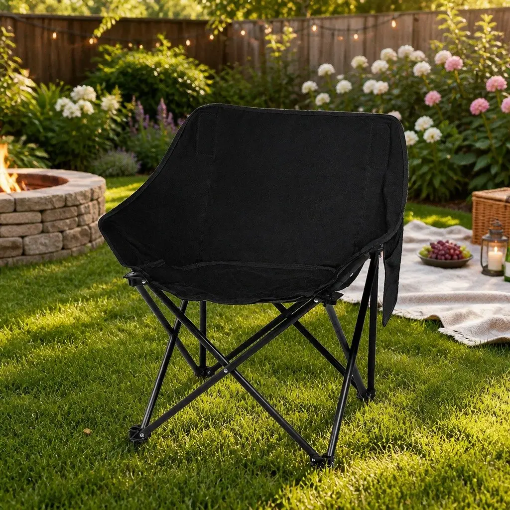 Folding Moon Chair 600D Oxford Fabric Black Portable Lightweight Outdoor Furniture