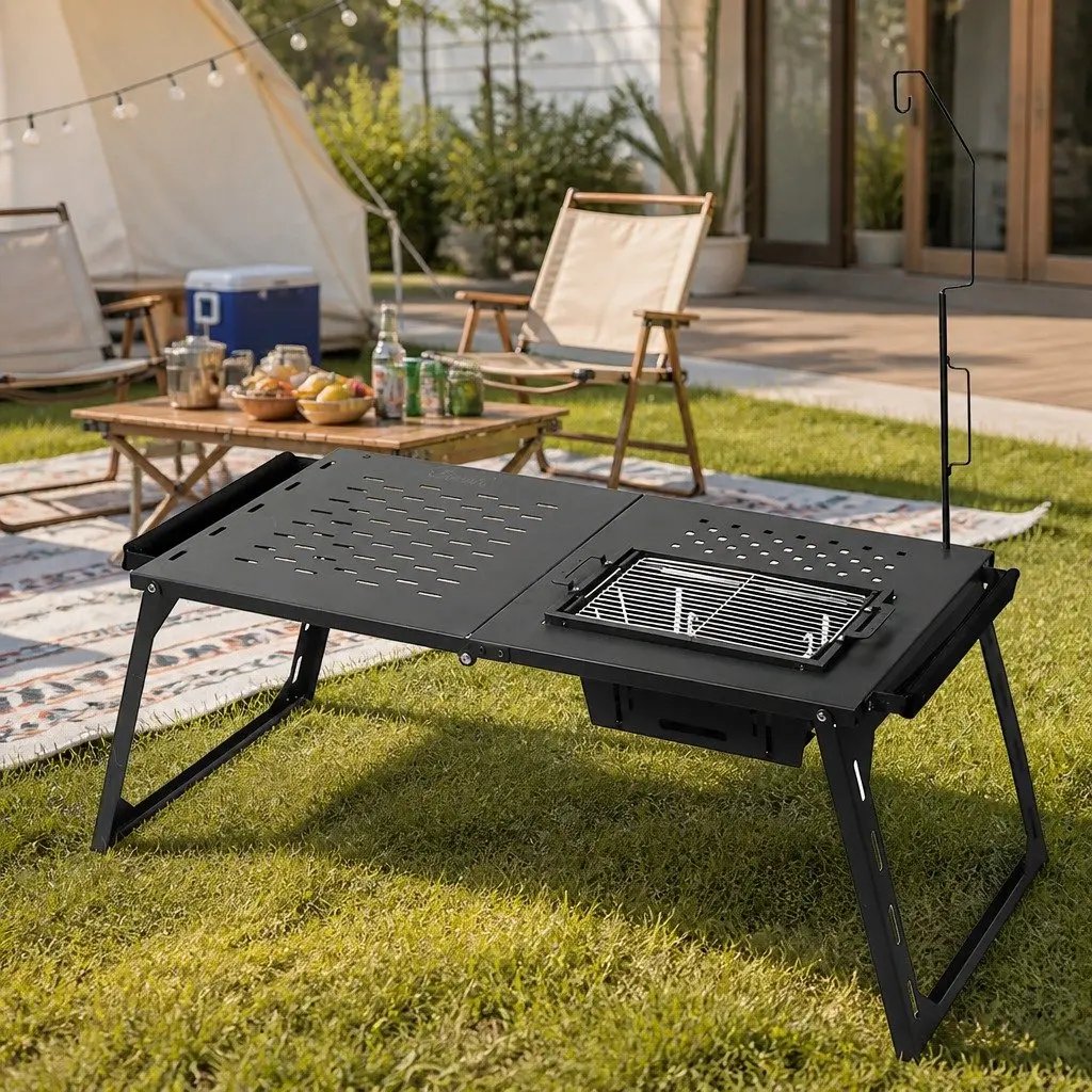 Folding Charcoal BBQ Grill Table with Steel Rack