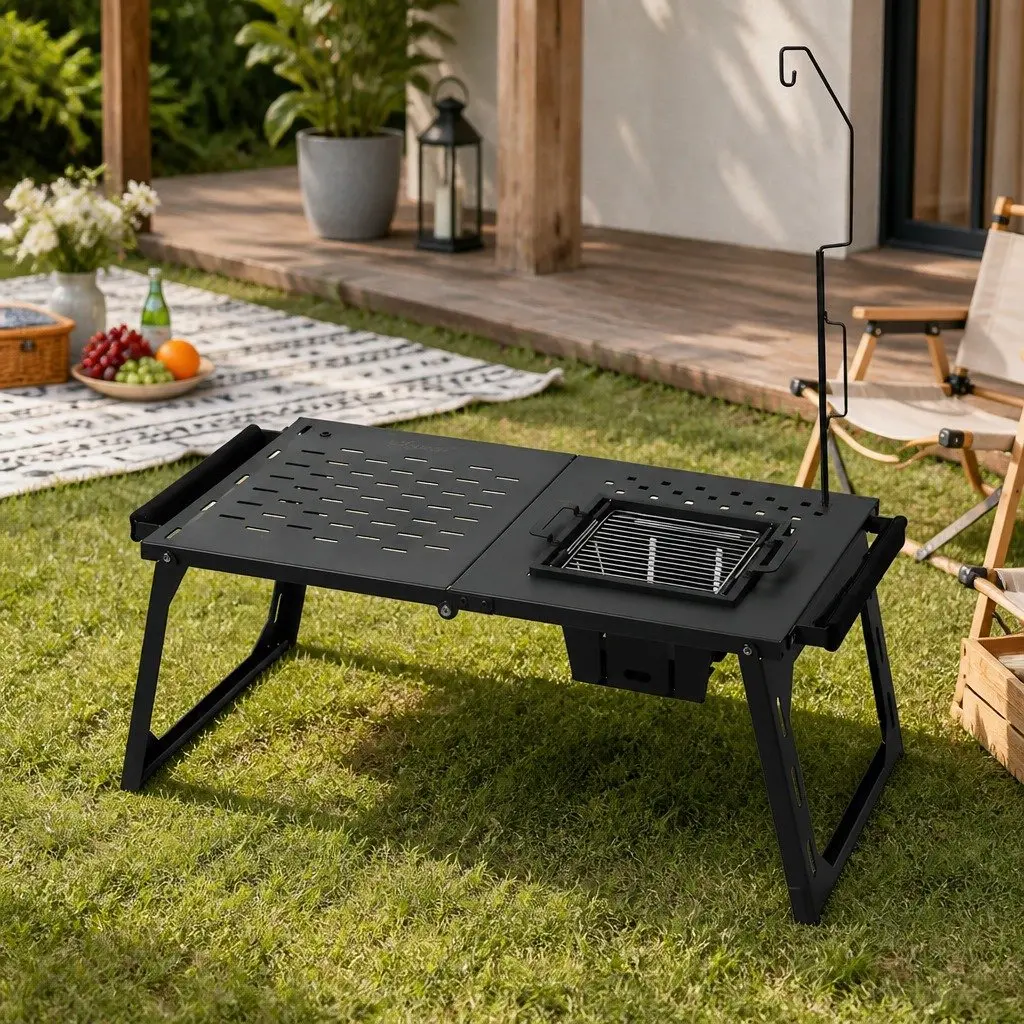 Portable Charcoal BBQ Grill Table Carbon Steel 81cm x 39cm Black