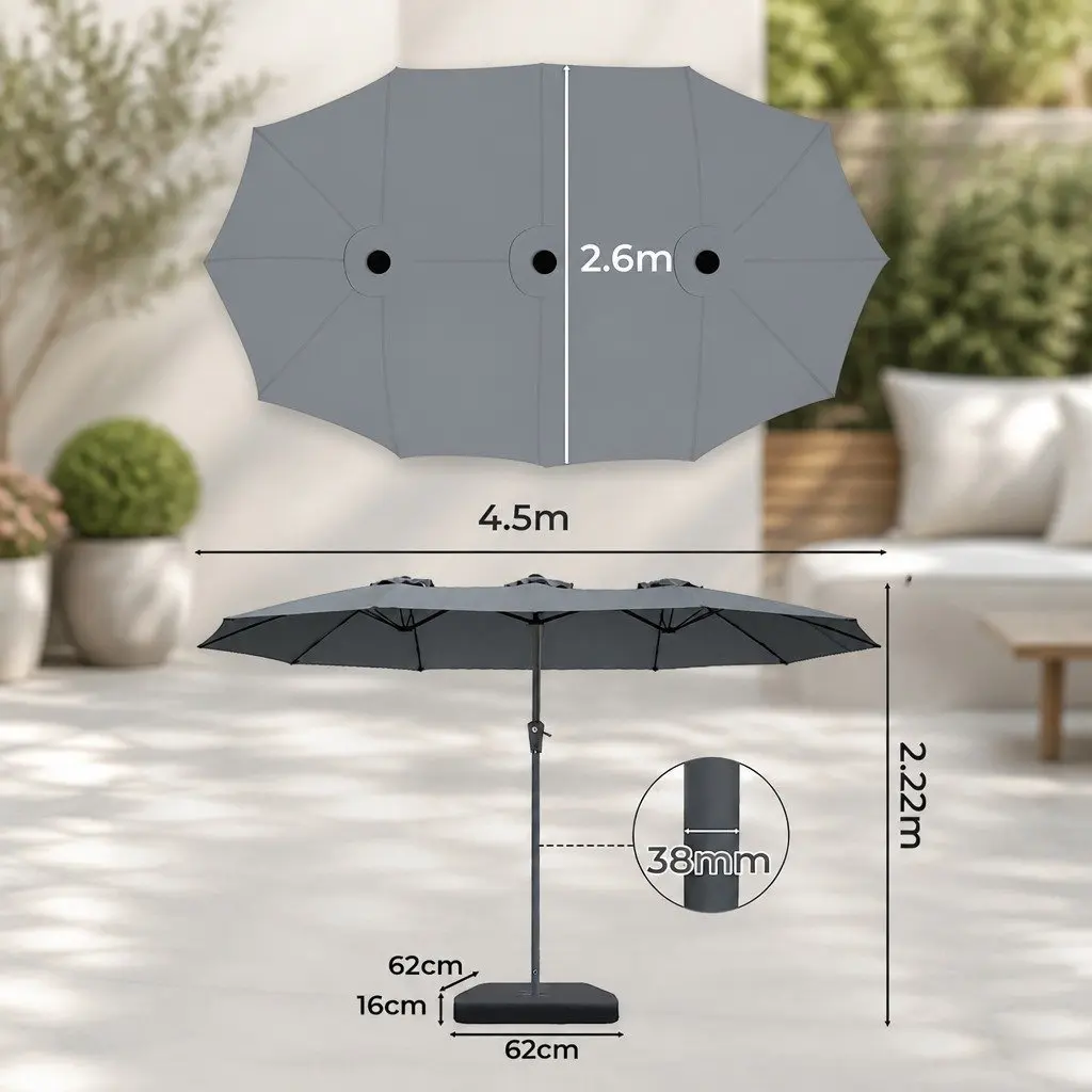 Double-Sided Patio Umbrella 4.5M with Stand Grey