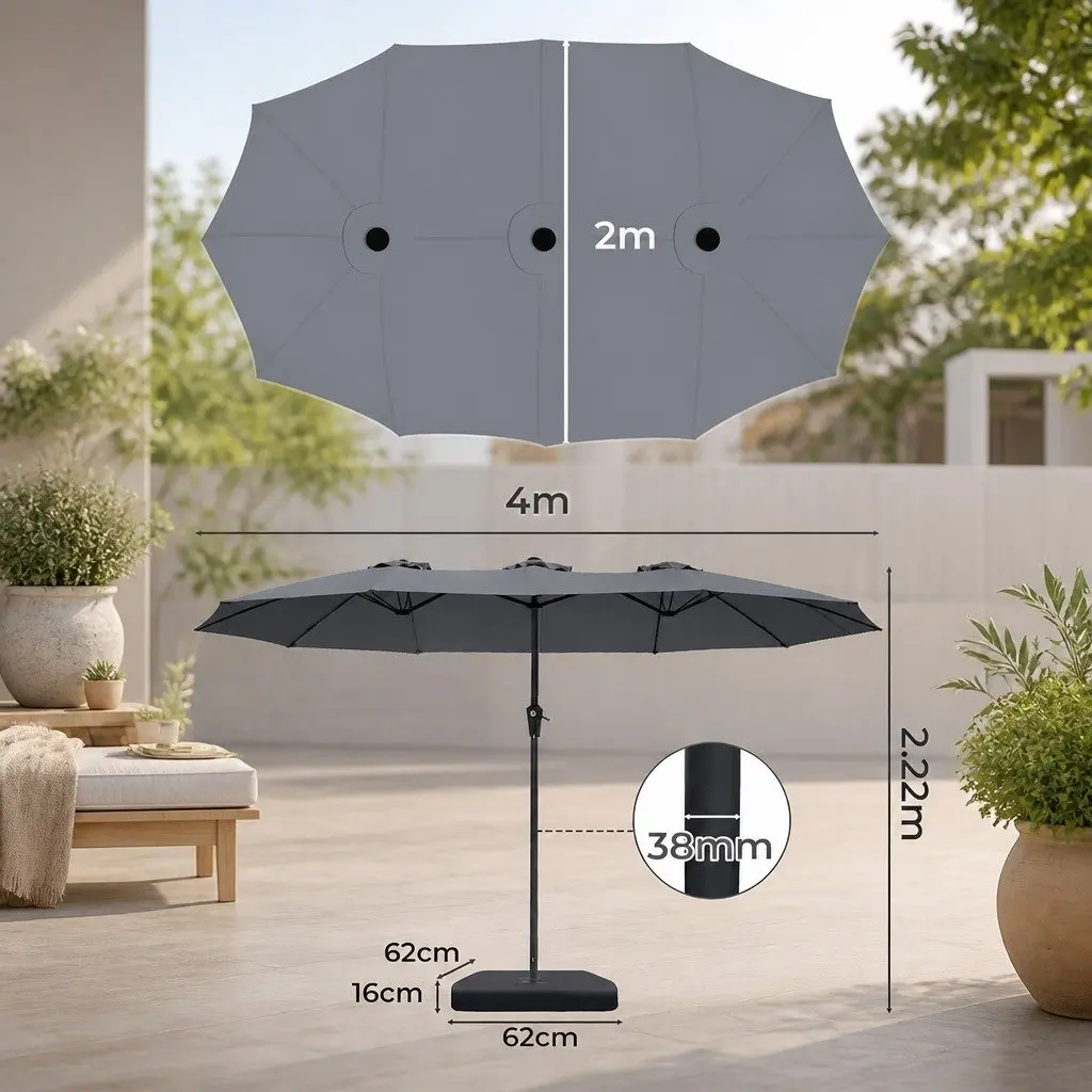 Double-Sided Patio Umbrella 4M Outdoor Garden Shade with Base Stand Grey