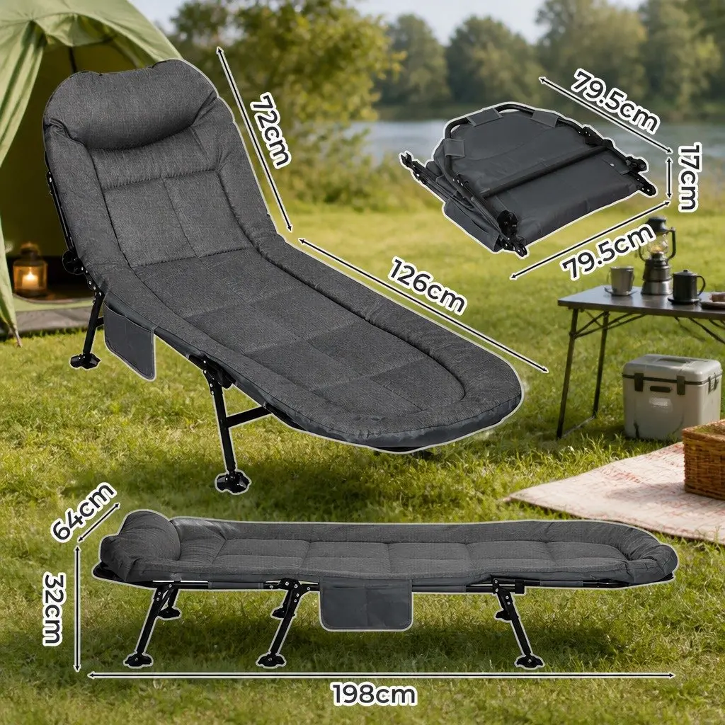 Dark Grey Folding Camping Cot with Adjustable Backrest