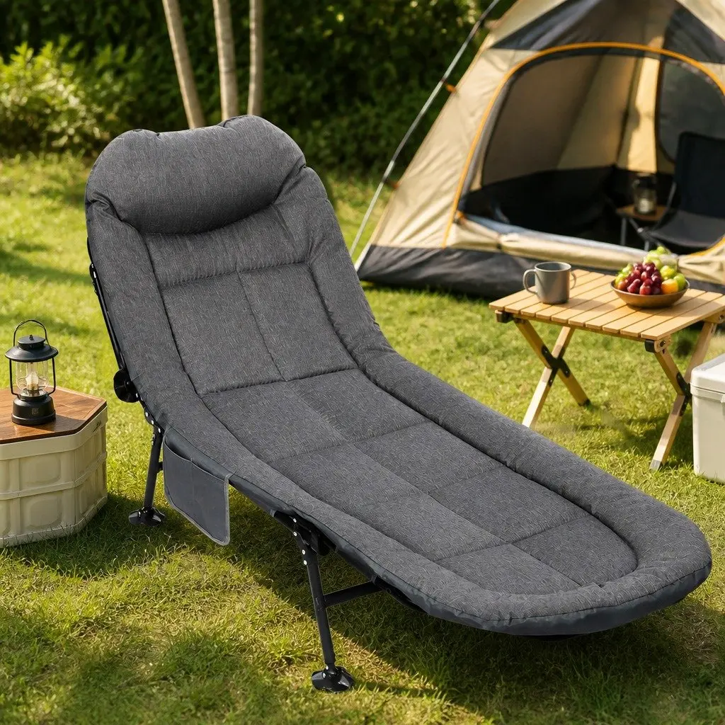 Dark Grey Folding Camping Cot with Adjustable Backrest