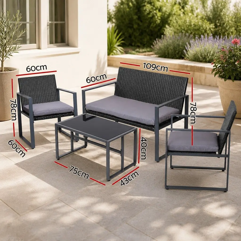 4 Piece Outdoor Rattan Sofa Set Steel Black 5cm Cushion