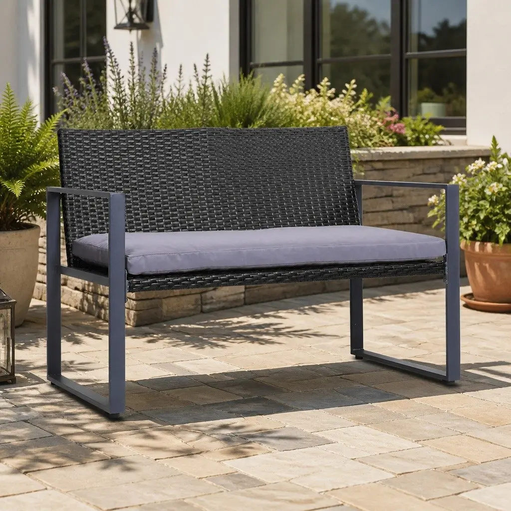 4 Piece Outdoor Rattan Sofa Set Steel Black 5cm Cushion