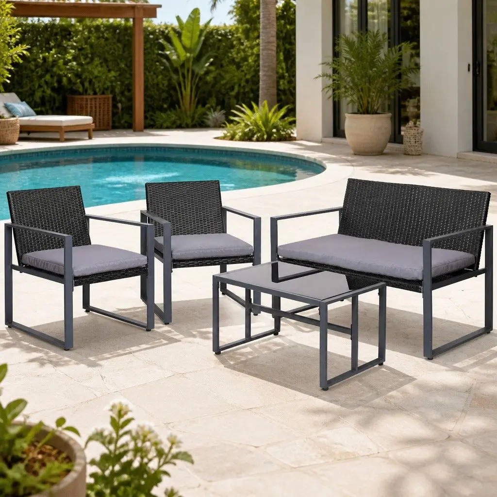 4 Piece Outdoor Rattan Sofa Set Steel Black 5cm Cushion