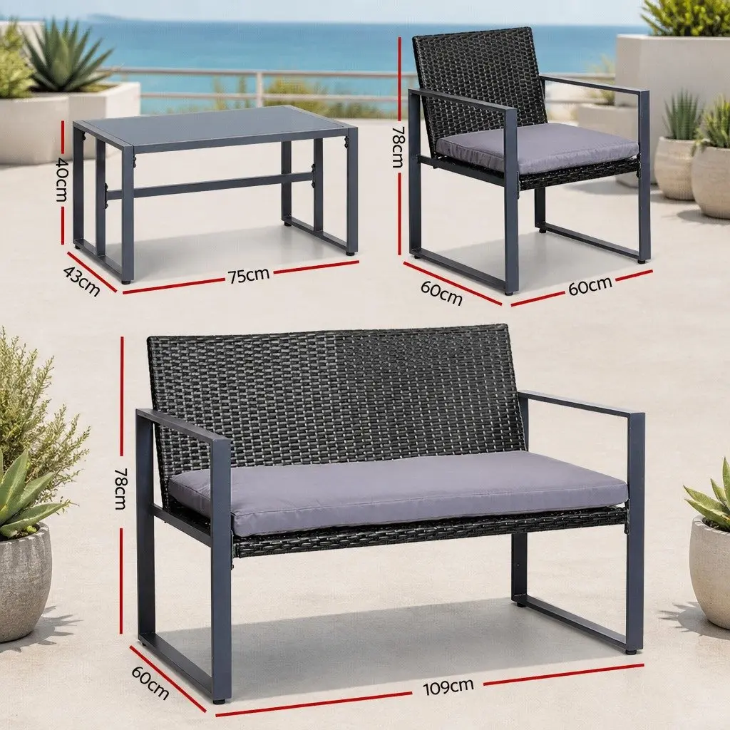 4 Piece Outdoor Sofa Set Rattan UV Resistant Black Cushions Glass Table