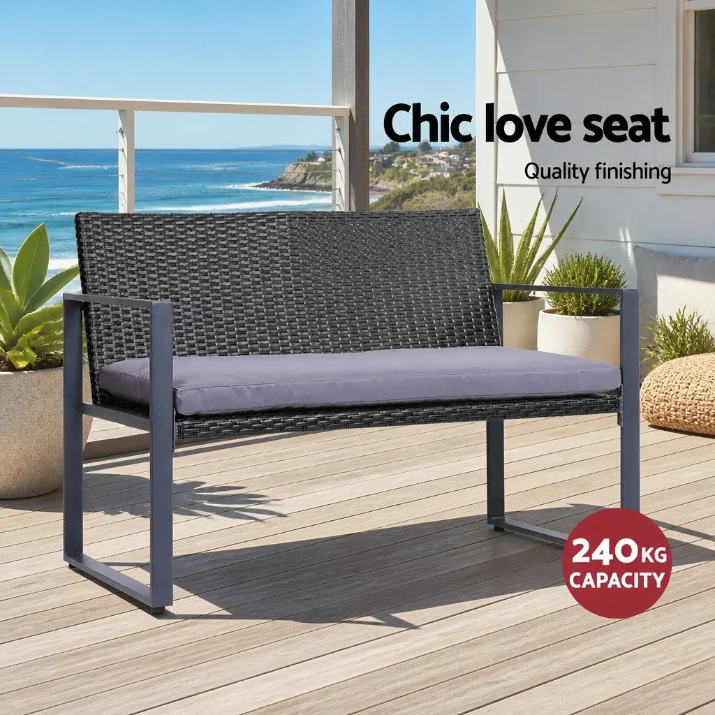4 Piece Outdoor Sofa Set Rattan UV Resistant Black Cushions Glass Table