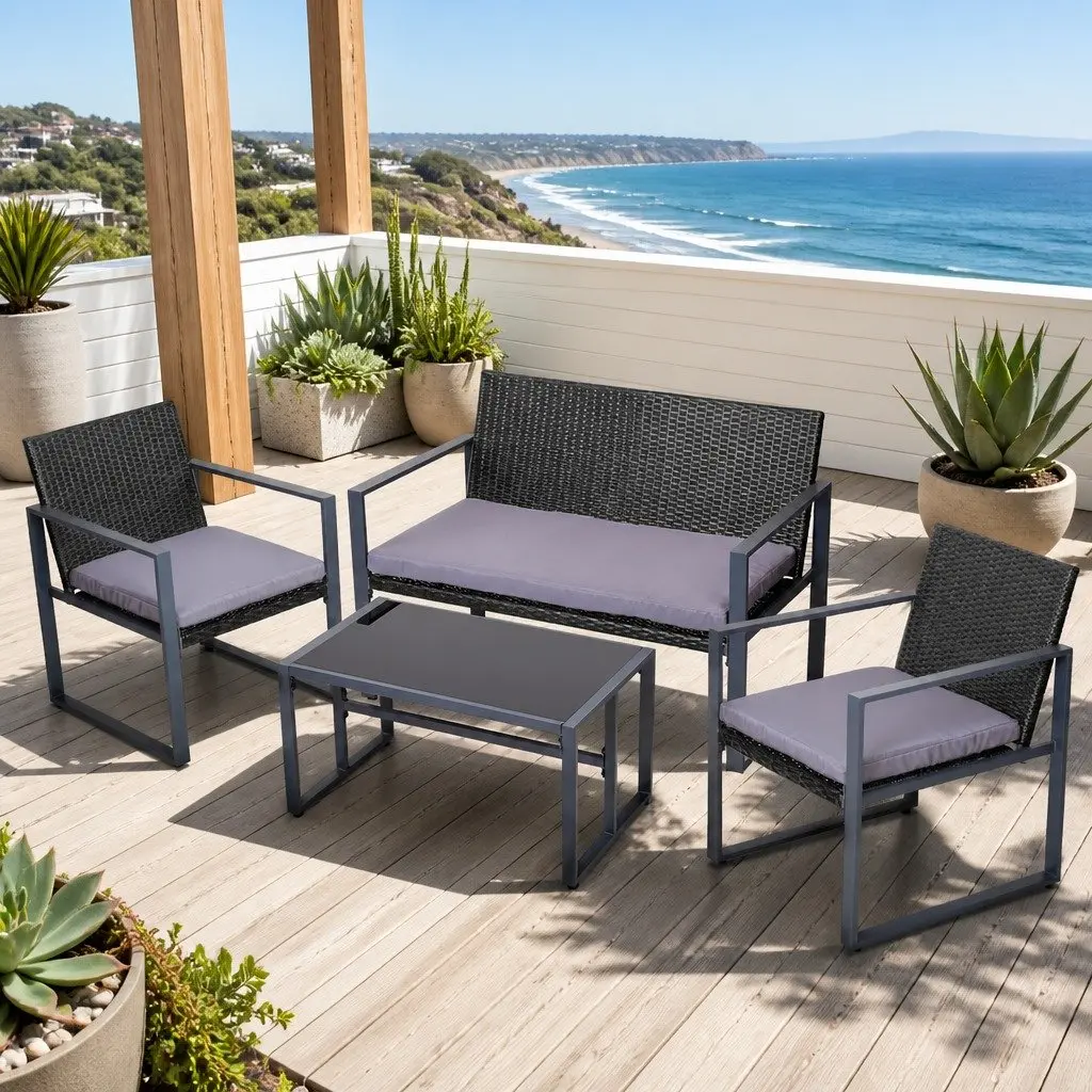 4 Piece Outdoor Sofa Set Rattan UV Resistant Black Cushions Glass Table