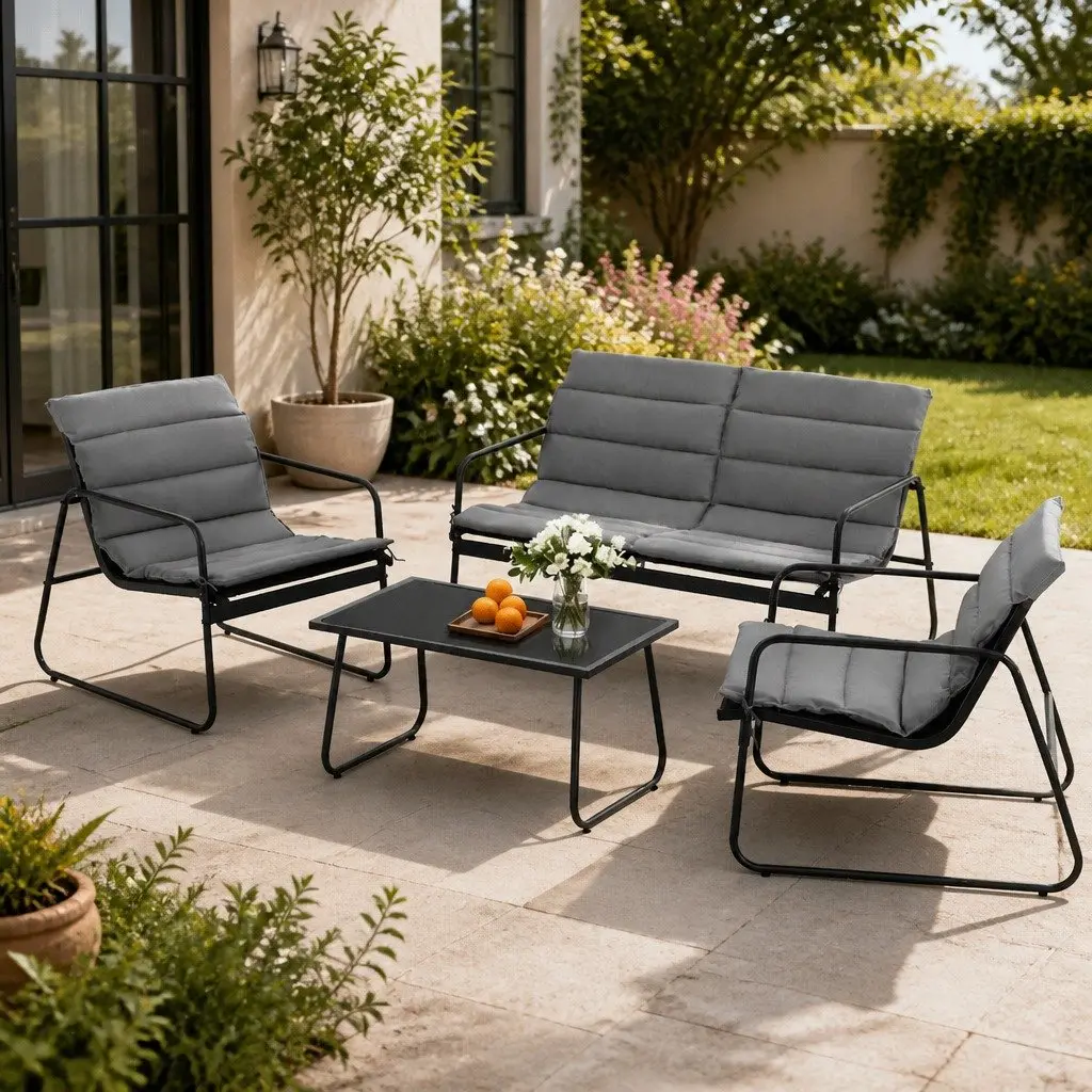 4 Piece Outdoor Sofa Set with Glass Table