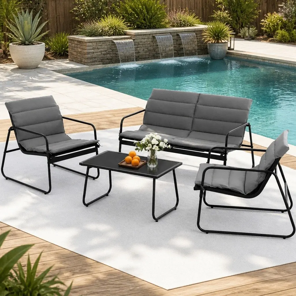 4 Piece Outdoor Sofa Set Steel Textilene Black with Tempered Glass Table