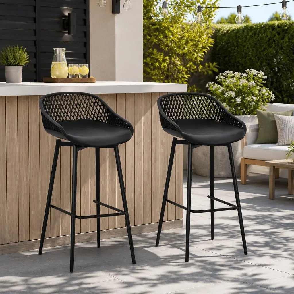 Outdoor Bar Stools with Black Plastic Seats