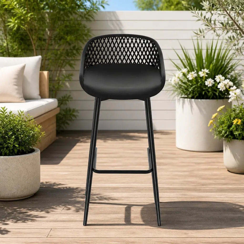 Outdoor Bar Stools with Black Plastic Seats