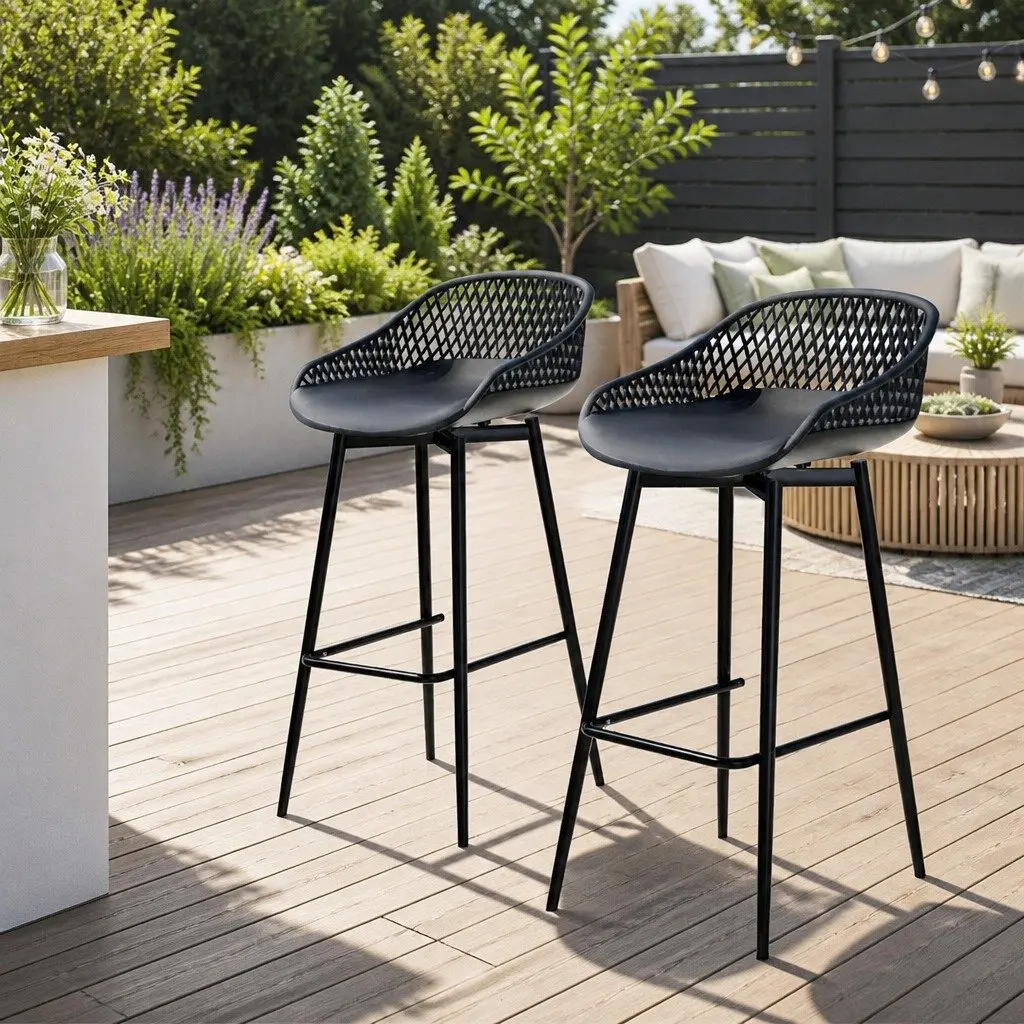 Outdoor Bar Stools with Black Plastic Seats