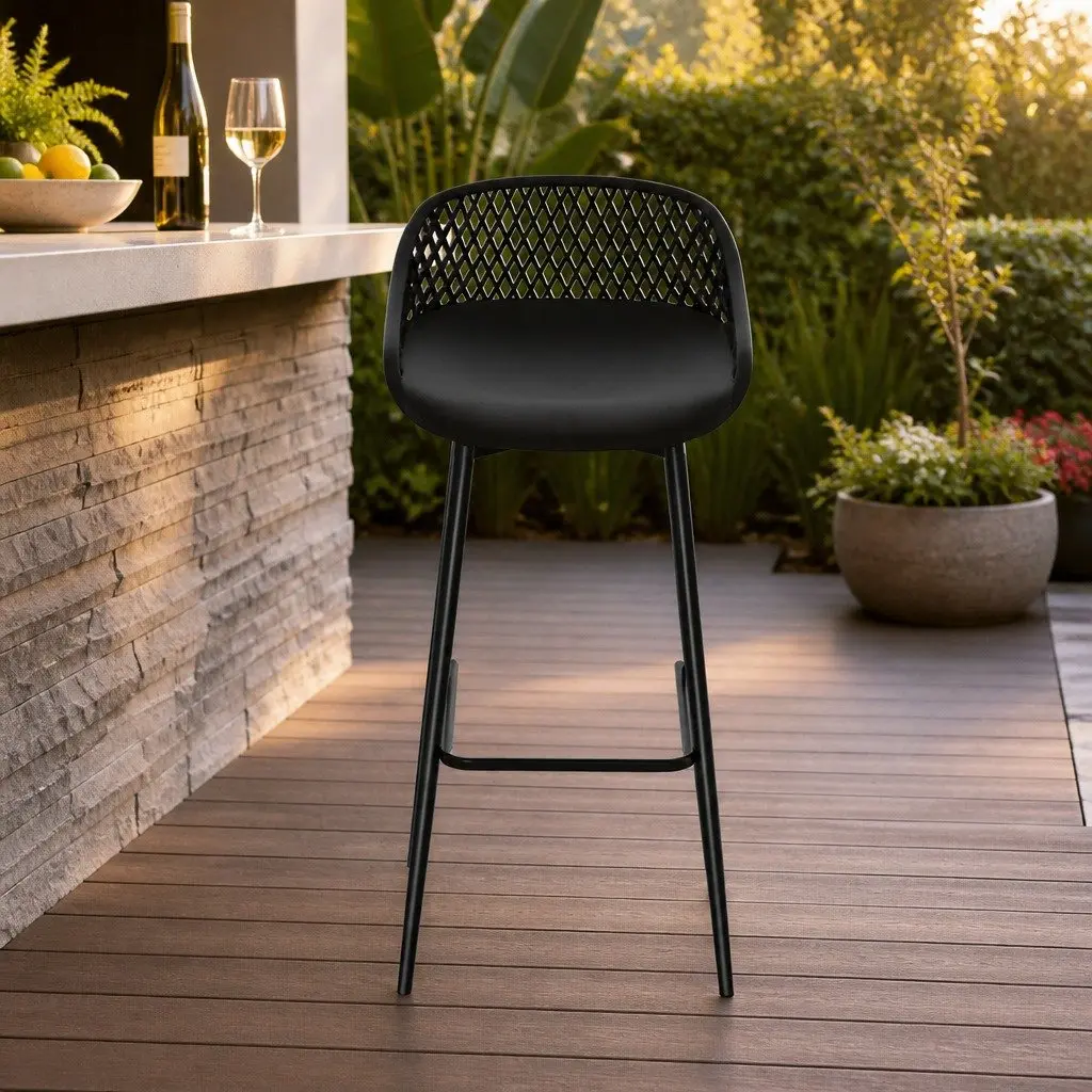 Outdoor Bar Stools Black Polypropylene Seat Metal Frame 46cm W x 40cm D x 100cm H