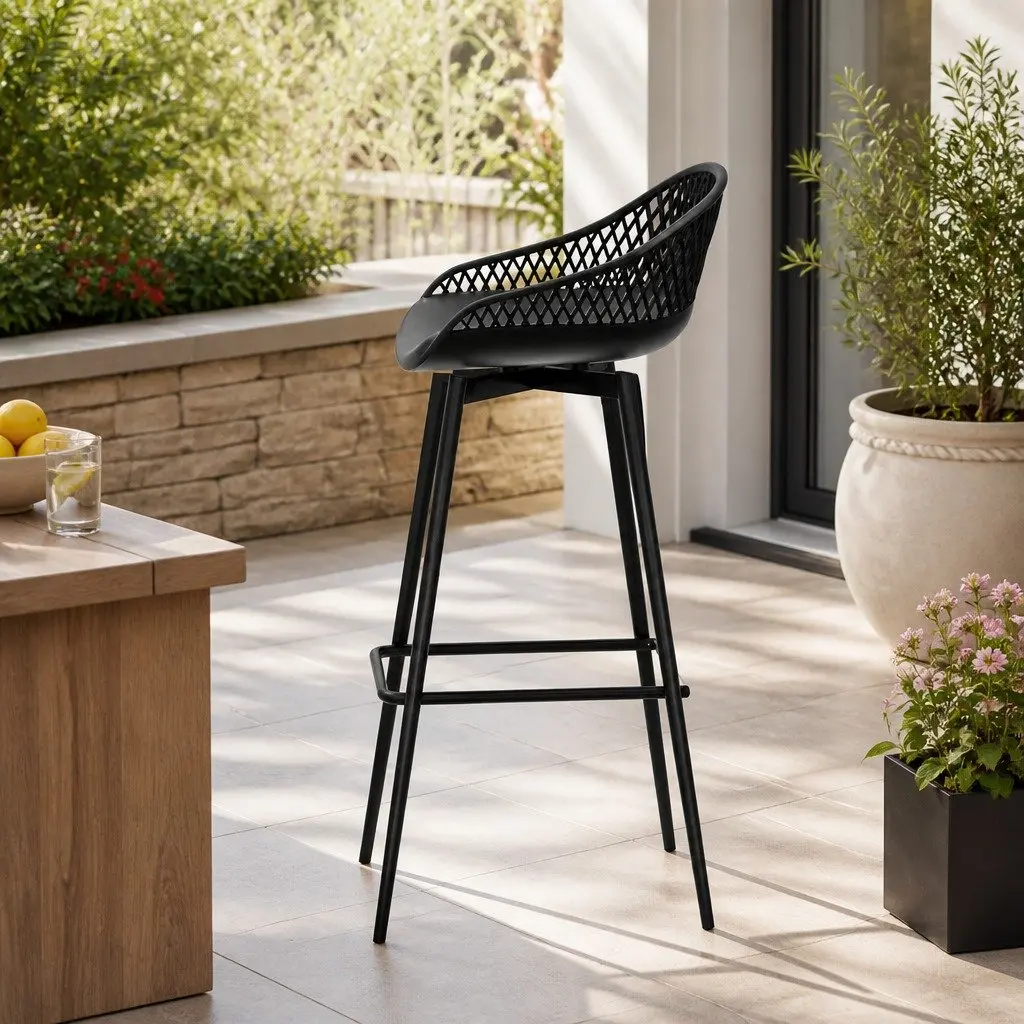 Outdoor Bar Stools Black Polypropylene Seat Metal Frame 46cm W x 40cm D x 100cm H