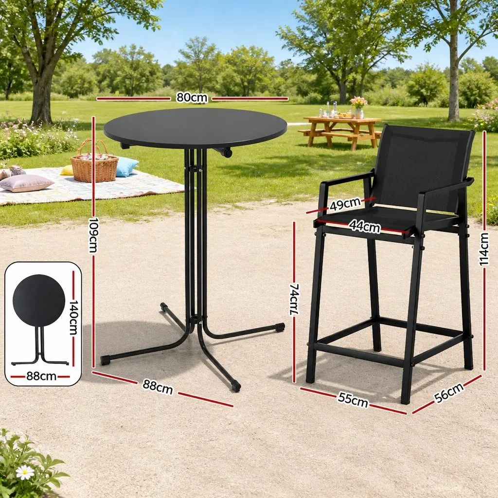 3 Piece Outdoor Bar Set Steel Black Table and Stools Dining Chairs Patio Bistro Furniture