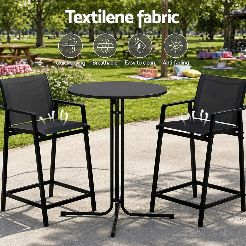3 Piece Outdoor Bar Set Steel Black Table and Stools Dining Chairs Patio Bistro Furniture
