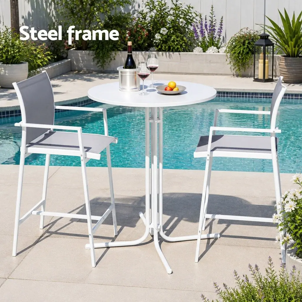 Outdoor Bar Stools Set Steel Textilene MDF 3 Piece White Grey