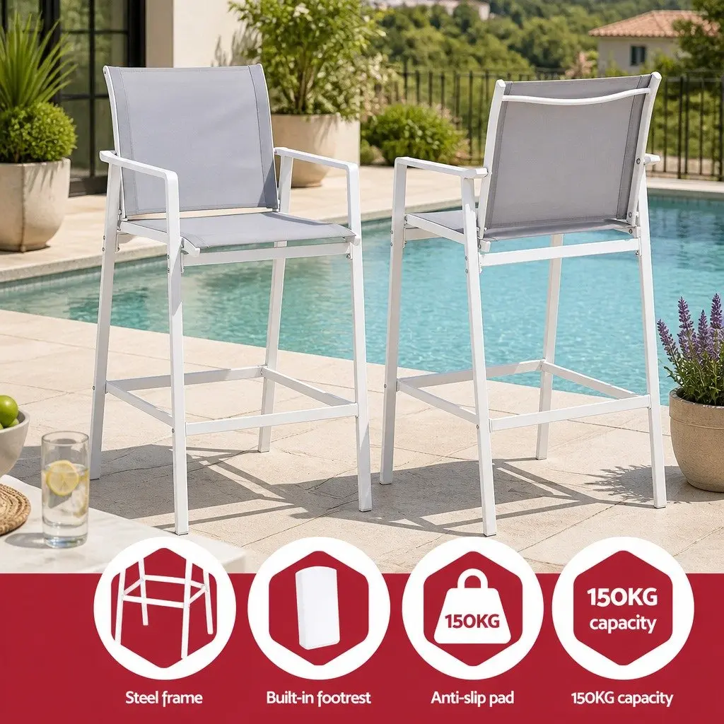 Outdoor Bar Stools Set Steel Textilene MDF 3 Piece White Grey