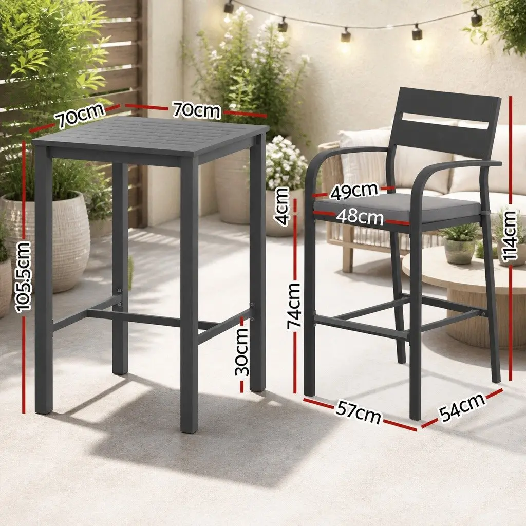 Outdoor Dining Set Aluminium 3 Piece High Table Grey Cushions Black Frame