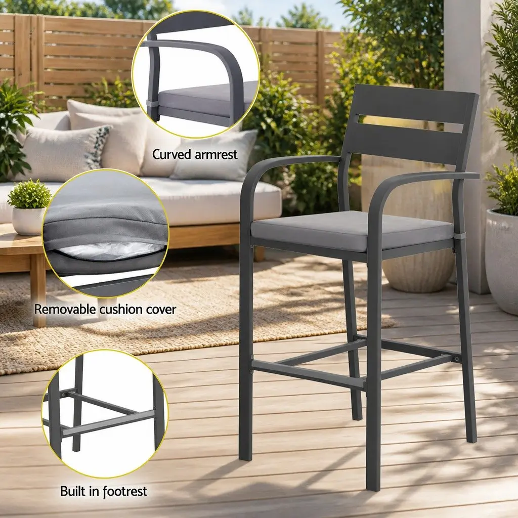 Outdoor Dining Set Aluminium 3 Piece High Table Grey Cushions Black Frame
