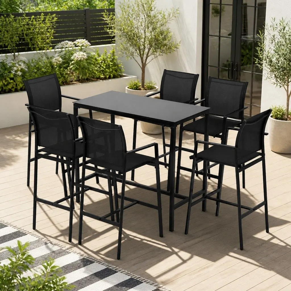 7 Piece Outdoor Bar Stools Dining Set Steel Black Glass Table High Back