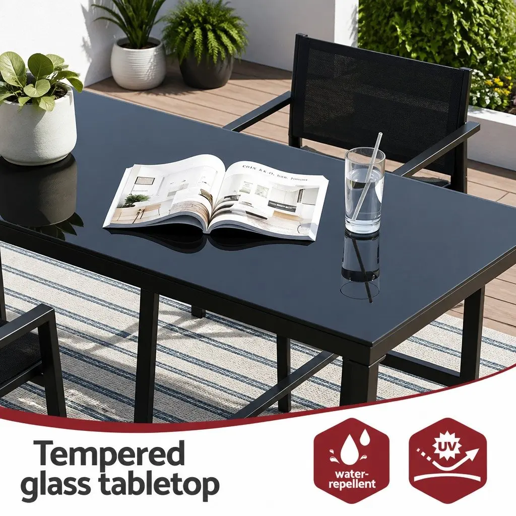 7 Piece Outdoor Bar Stools Dining Set Steel Black Glass Table High Back