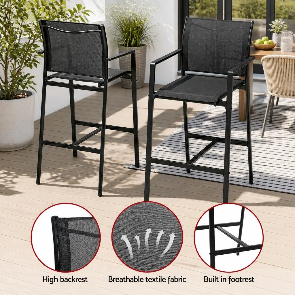 7 Piece Outdoor Bar Stools Dining Set Steel Black Glass Table High Back