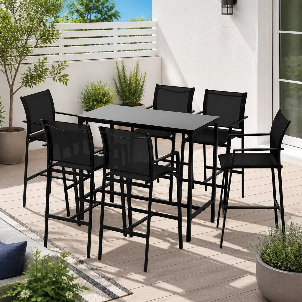 7 Piece Outdoor Bar Stools Dining Set Steel Black Glass Table High Back