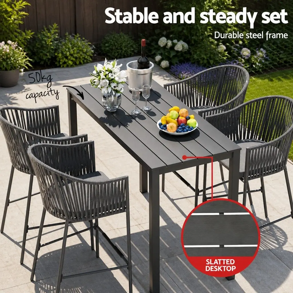 Outdoor Dining Set Hand-woven Rope Powder-coated Steel 5-Piece Grey Cushion