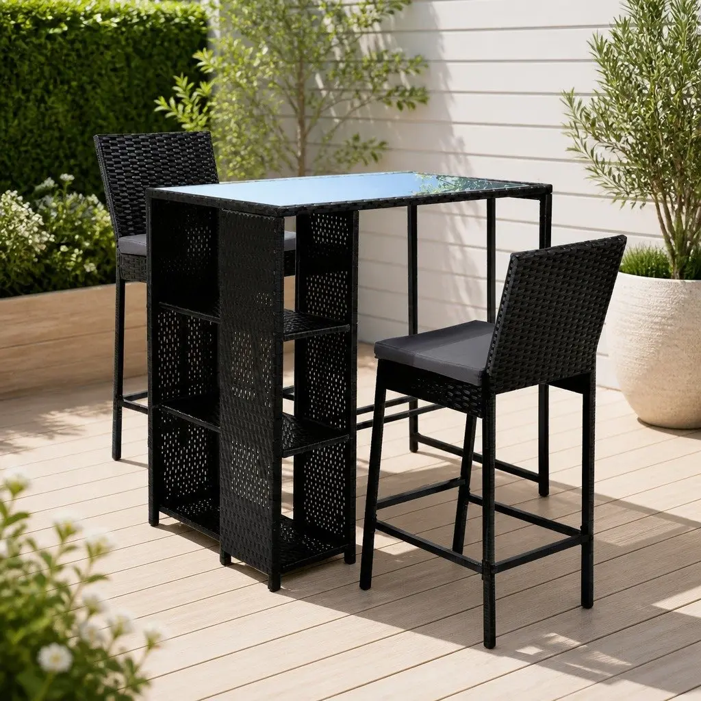 3-Piece Wicker Outdoor Bar Set with Table and Chairs