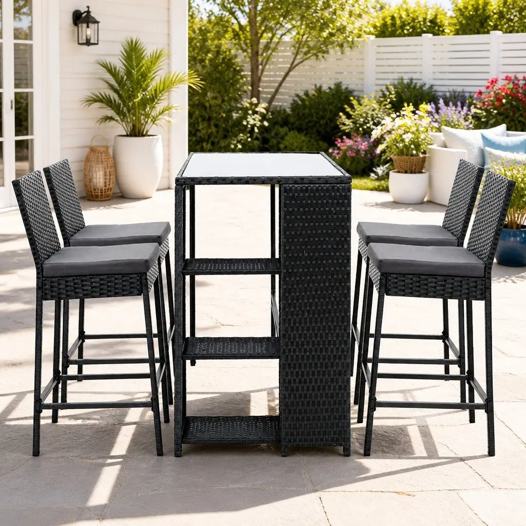 5 Piece Outdoor Bar Set Wicker Table Stools Black Tempered Glass Top