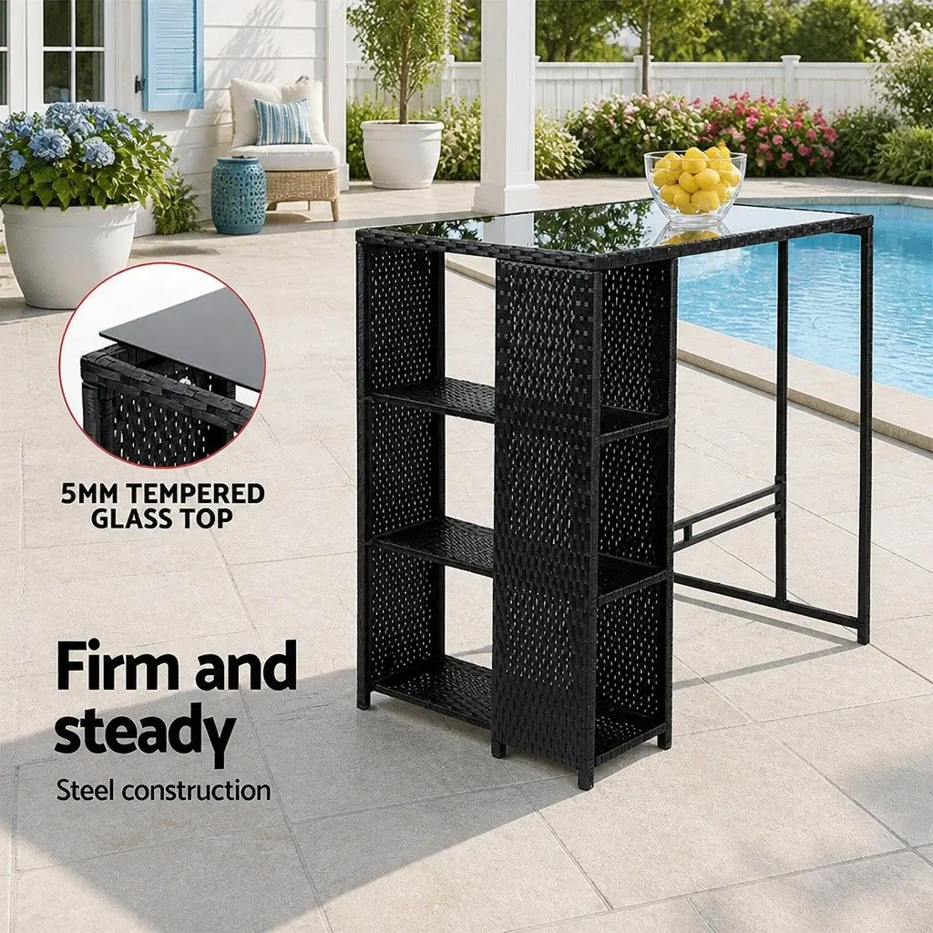 5 Piece Outdoor Bar Set Wicker Table Stools Black Tempered Glass Top