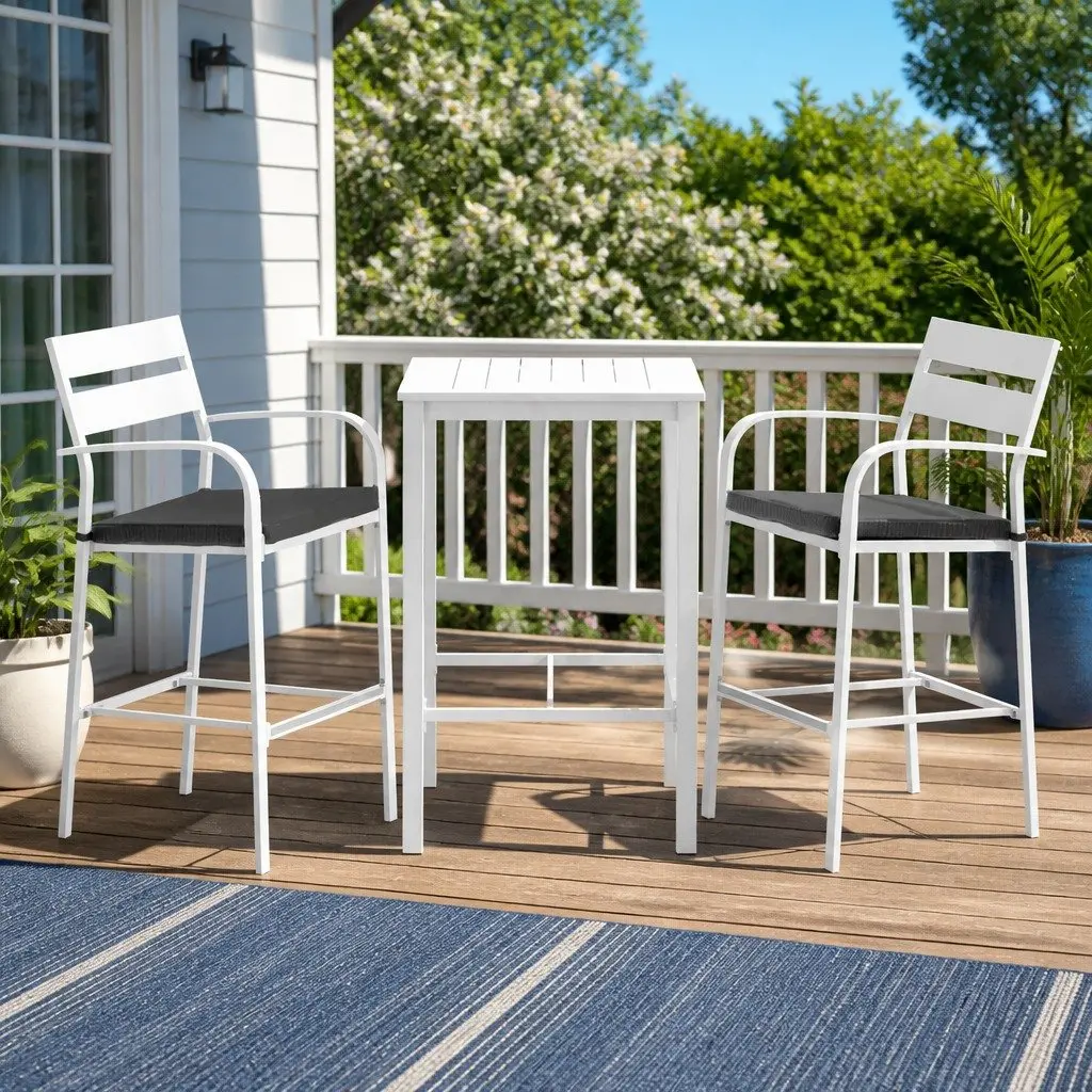 Outdoor Bar Set 3-Piece Dining Chairs Table Patio Bistro Stools White